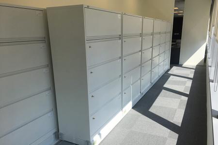 Horizontal pull Shelving optimizes security of stored products with locking.